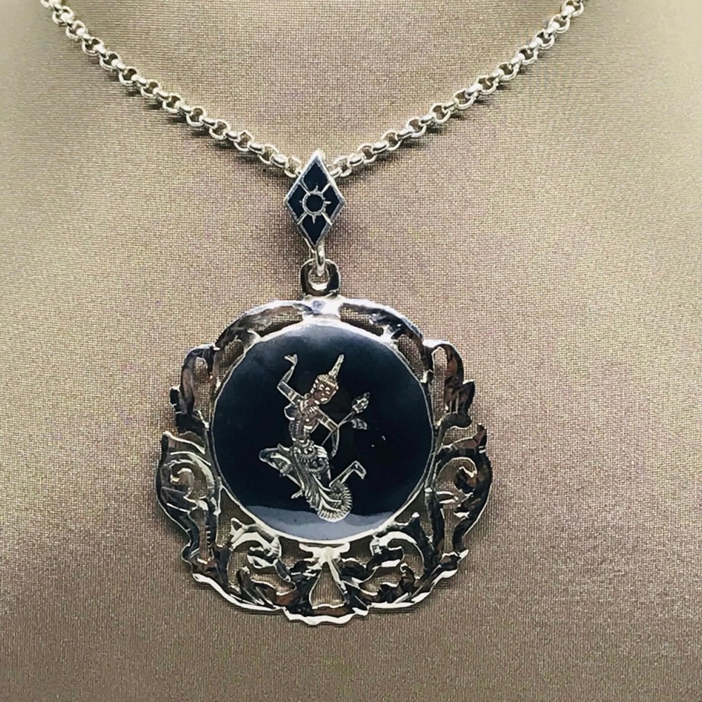 SIAM NIELLO Vintage Silver Dancing Goddess Ornate Pendant & 27.5” Long Chain